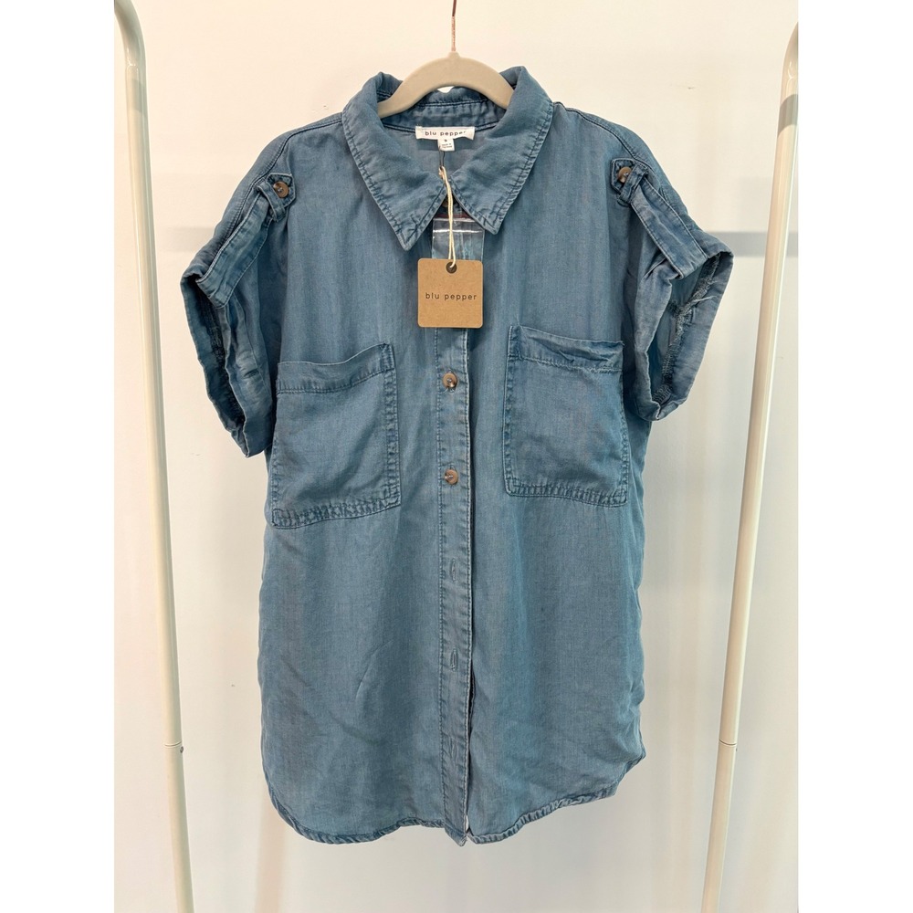 Blu Pepper Womens Blue Lyocell Chambray Button Down Shirt Short Sleeve CR2548 S